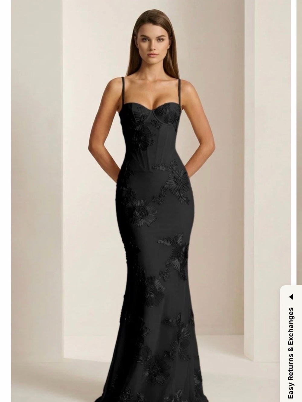 Black Floral Embroidered Strapless Prom Dress